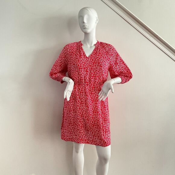 Draper James RSVP Dress Red White Split Neck 3/4 Sleeve Tie Waist Mini - Picture 5 of 9